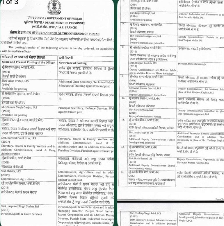 Punjab Government Transfers 13 IAS Officers, Changes in 4 DC Posts