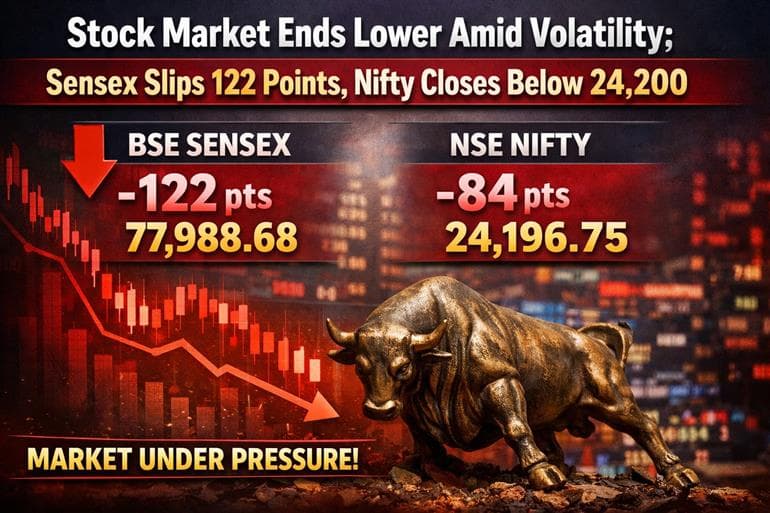 Stock Market Ends Lower Amid Volatility; Sensex Slips 122 Points, Nifty Closes Below 24,200