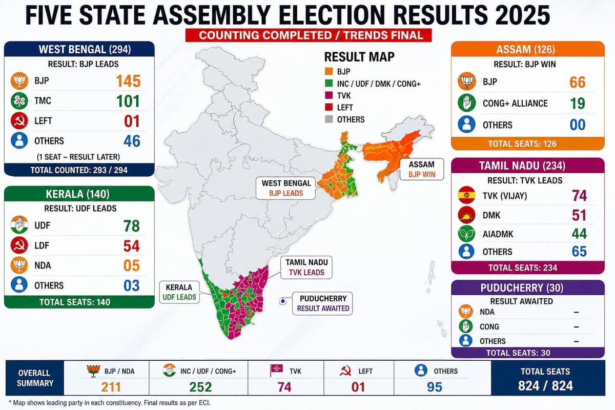 BJP Leads in Bengal & Assam; UDF Ahead in Kerala, DMK Holds Edge in Tamil Nadu