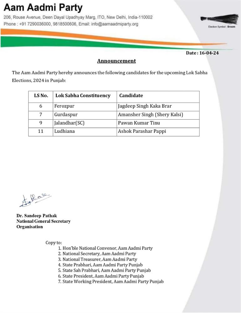AAP announces 4 candidates for Punjab Lok Sabha polls