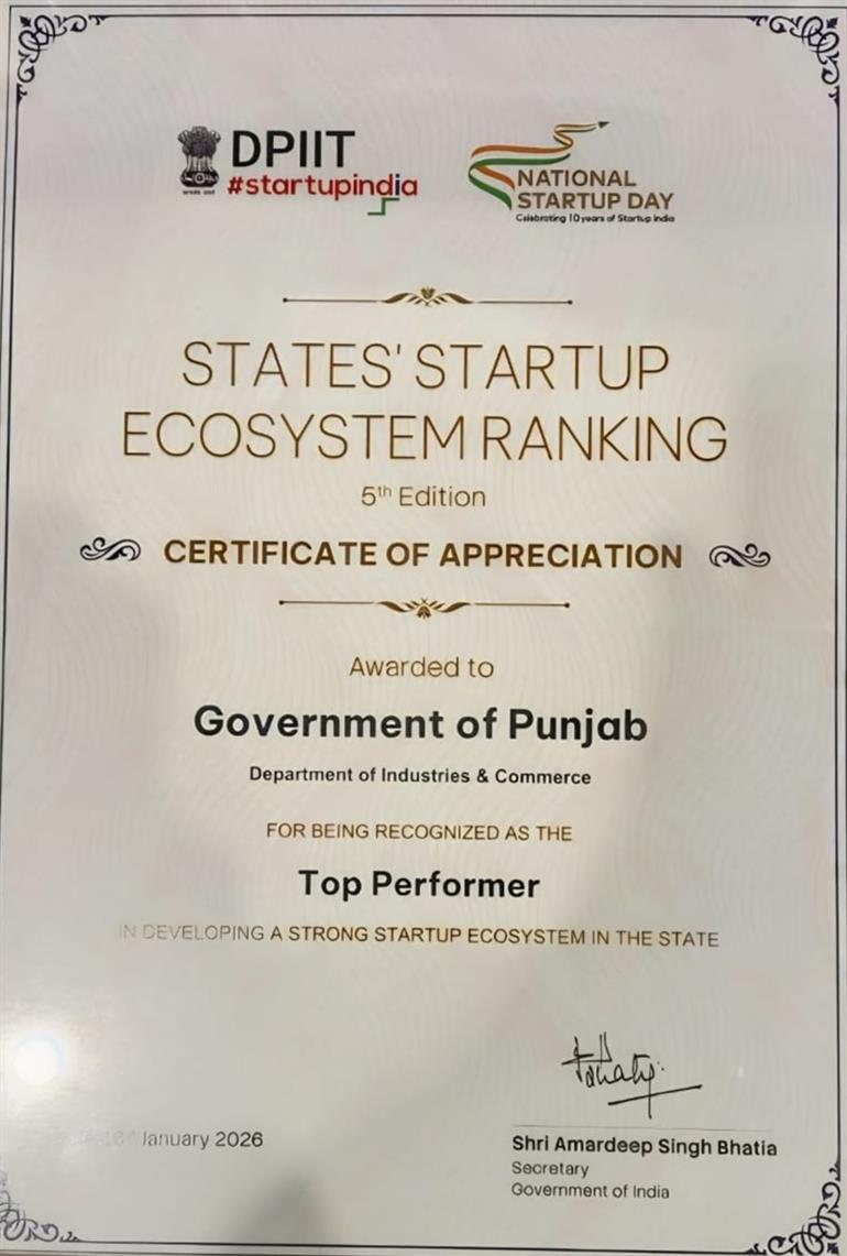 Punjab Emerges as Top Performer Again in Government of India’s Startup Ecosystem Ranking: Sanjeev Arora 