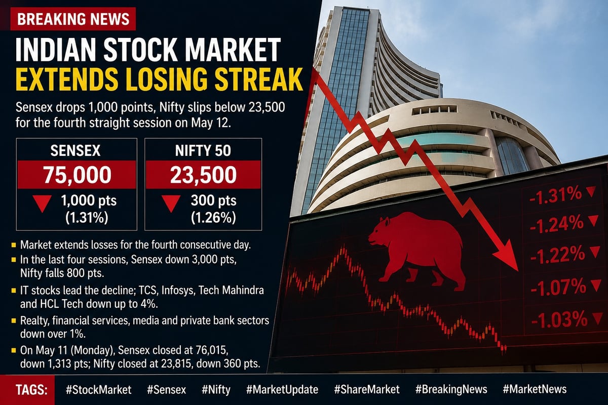 Indian Stock Market Extends Losing Streak; Sensex Drops 1,000 Points, Nifty Slips Below 23,500