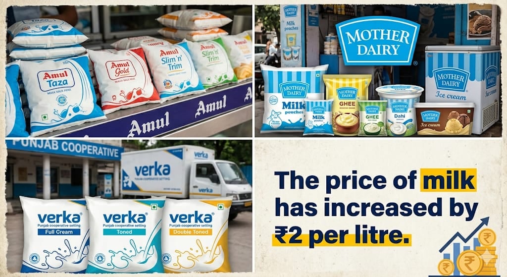 Milk Prices Rise Across India: Amul, Mother Dairy & Verka Hike Rates by Up to ₹2 Per Litre