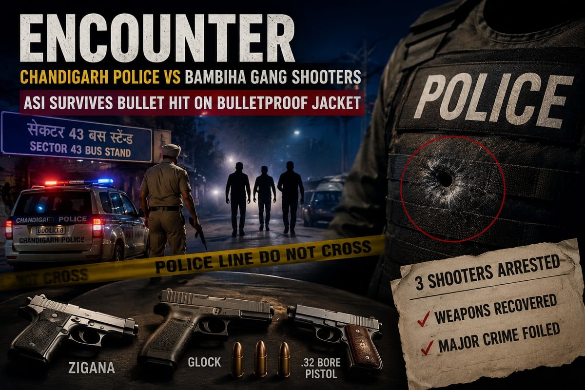Chandigarh Police in Encounter With Bambiha Gang Shooters; ASI Survives Bullet Hit on Bulletproof Jacket