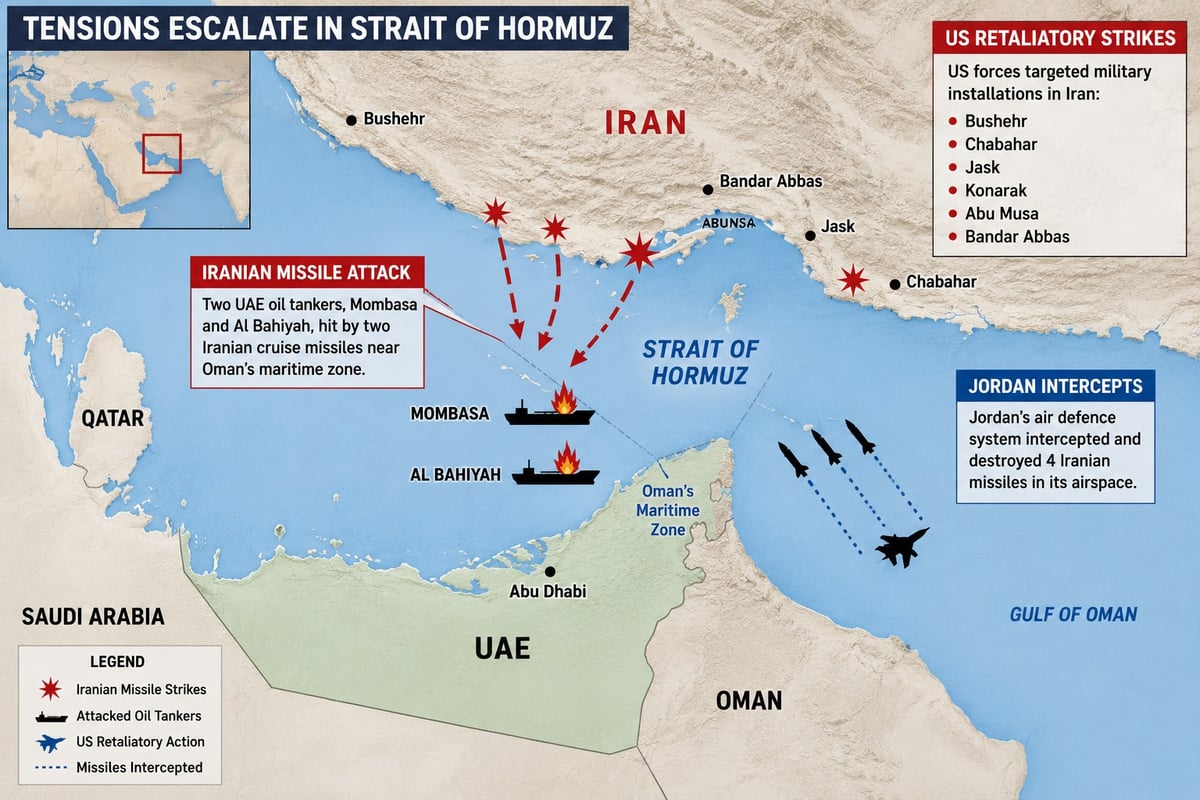 Indian Crew Member Killed, Iranian Missile Strike Hits Oil Tankers in Strait of Hormuz; US Launches Major Retaliatory Offensive