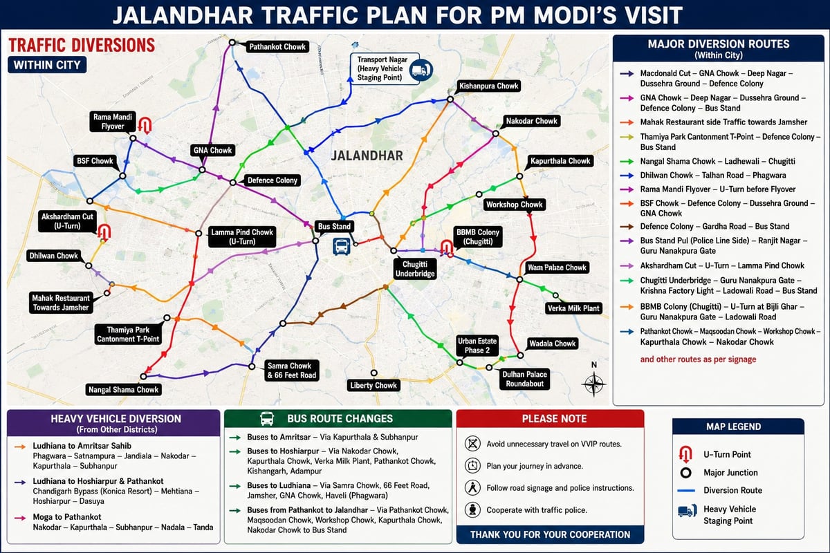 Traffic Police Release Detailed Diversion Plan before PM Modi’s Jalandhar Visit