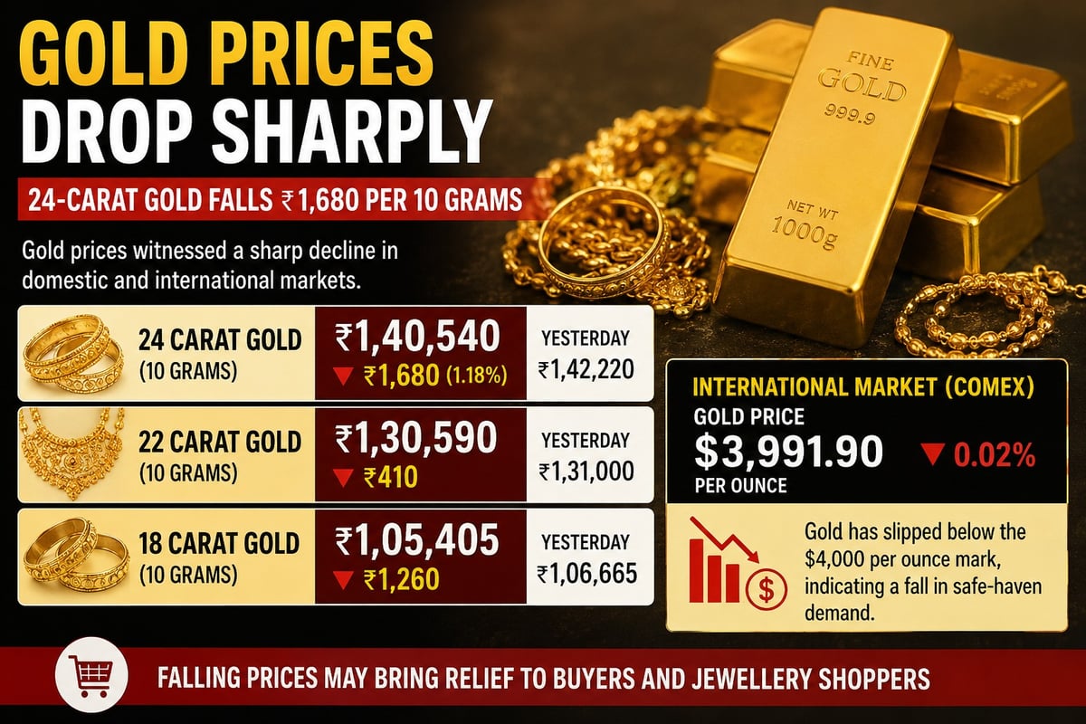 Gold Prices Drop Sharply: 24-Carat Gold Falls ₹1,680 Per 10 Grams