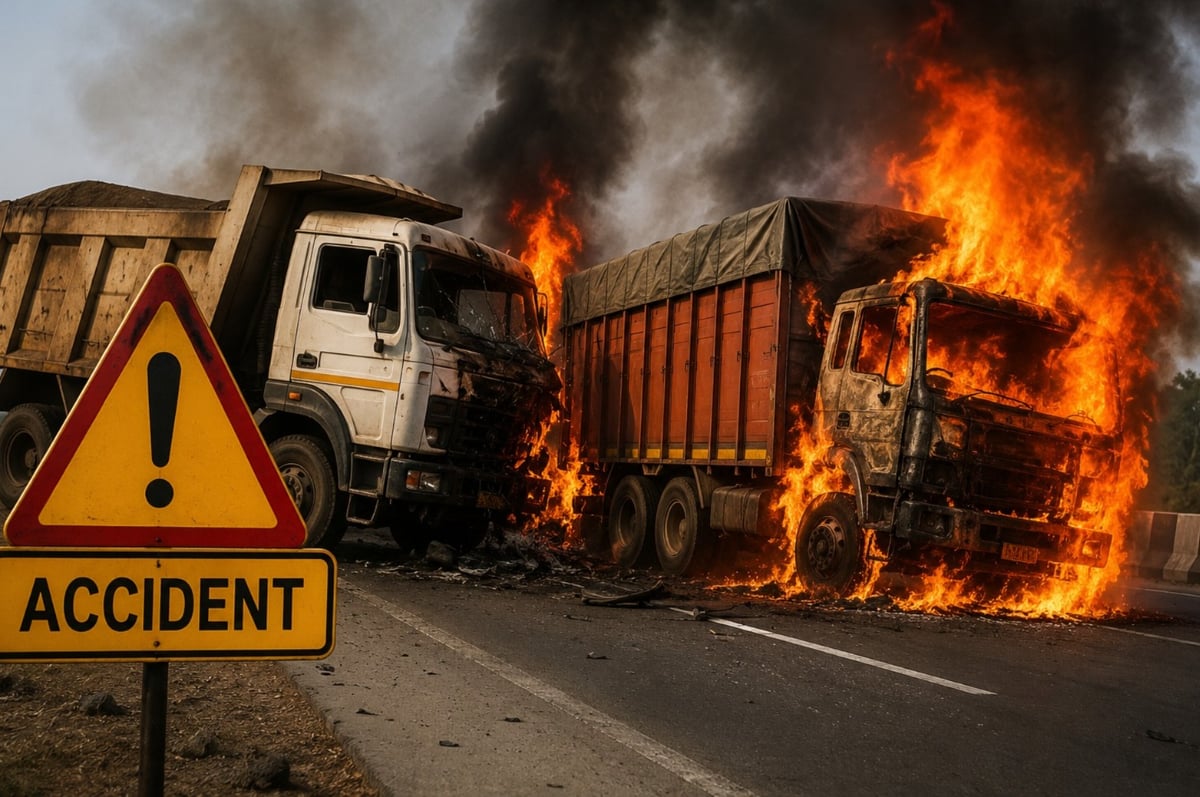 Dumper-Trailer Collision Sparks Massive Fire in Haryana; Truck Driver Burned Alive