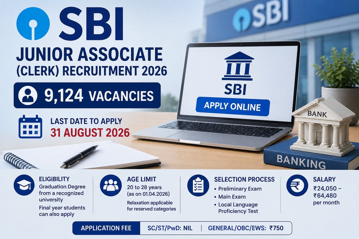 SBI begins registration for 9,124 junior associate (clerk) posts; apply online by August 31