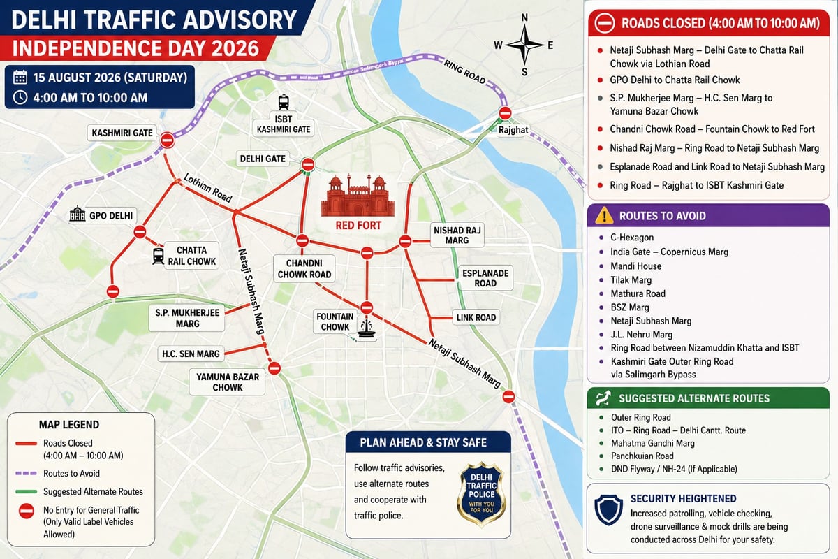 Delhi traffic police issues advisory ahead of Independence Day 2026; several roads around Red Fort to remain closed
