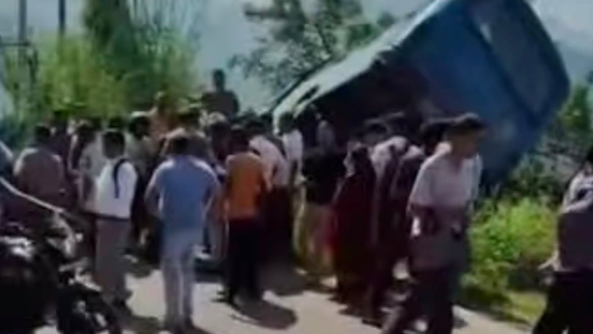 Government bus hangs off road after collision with private bus in Bilaspur