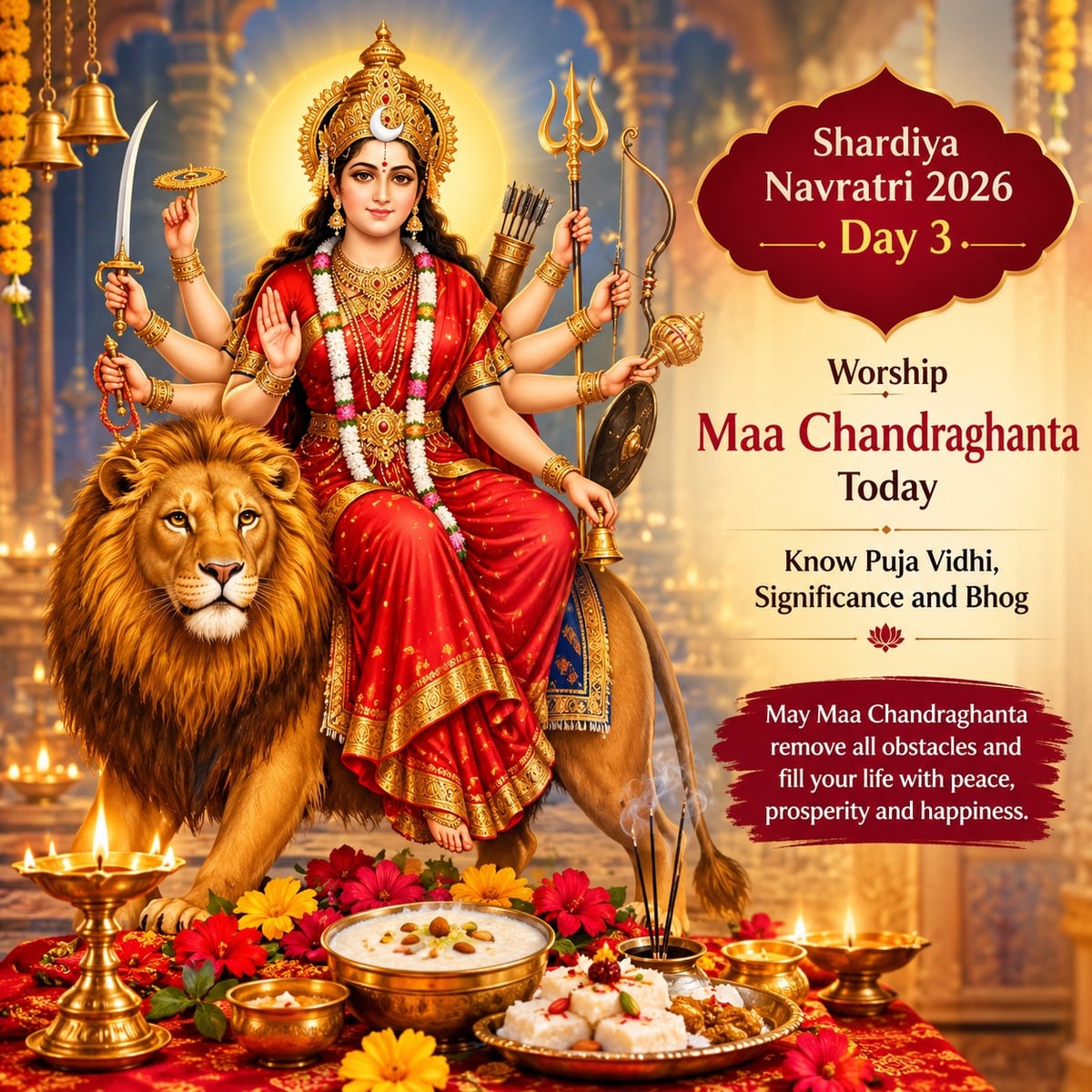 Shardiya Navratri 2026 Day 3: worship Maa Chandraghanta today; Know Puja vidhi, significance and bhog
