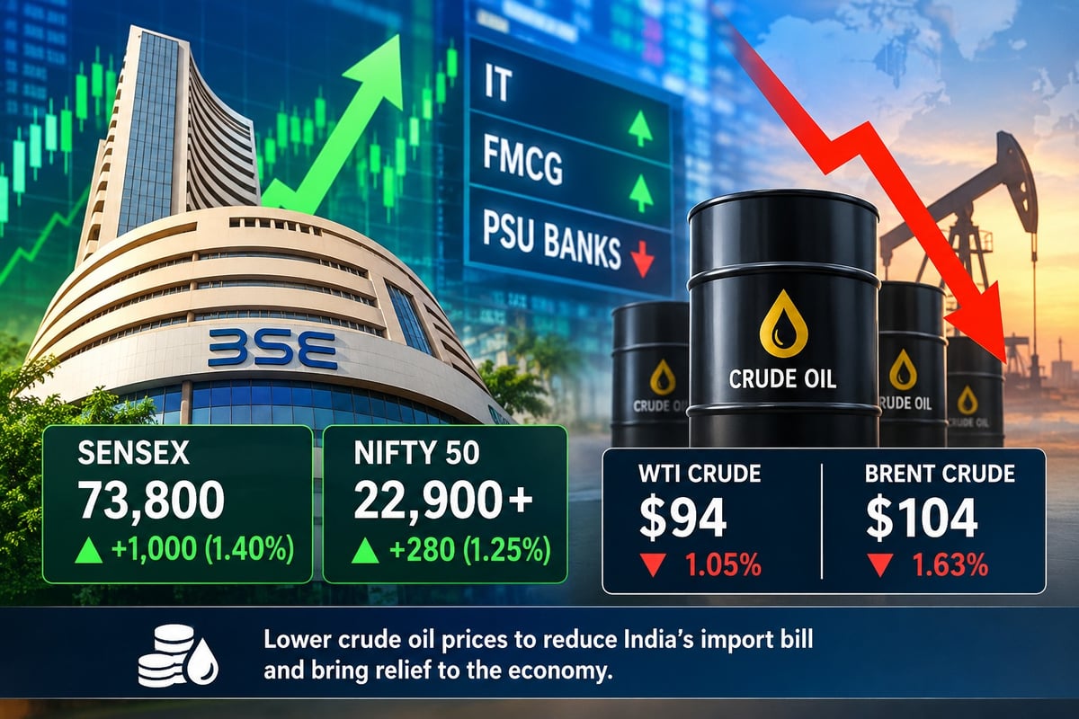 Sensex jumps 1,000 points, Nifty crosses 22,900 as crude oil prices fall