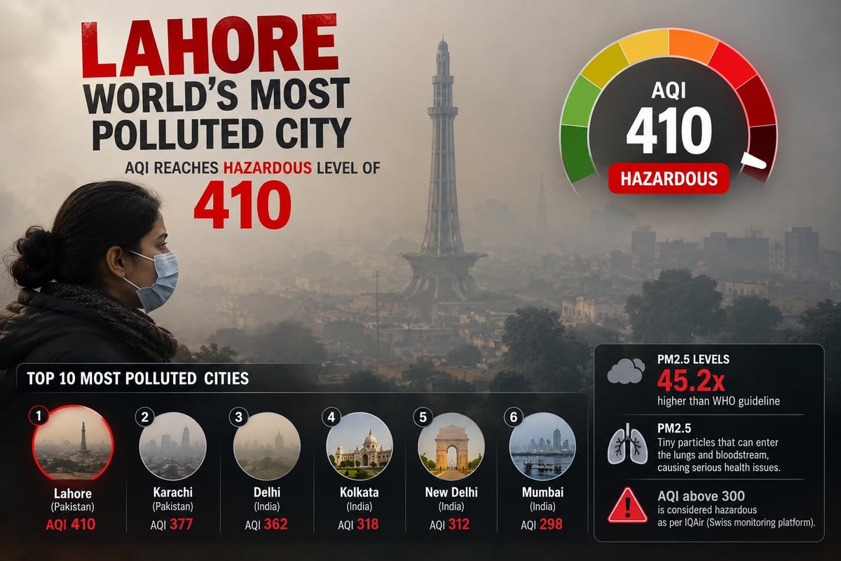 Lahore becomes World’s most polluted city as AQI hits 410; Three Indian cities in Top 10
