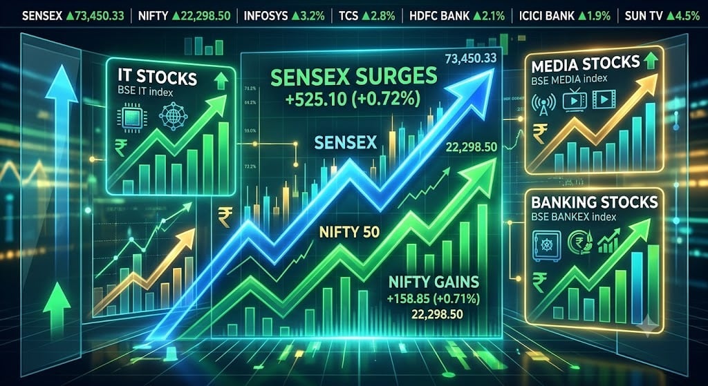 Sensex surges over 500 points, Nifty gains 150; IT, Media and Banking stocks lead rally